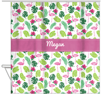 Thumbnail for Personalized Flamingos Shower Curtain I - Hibiscus - Ribbon Nameplate - Hanging View
