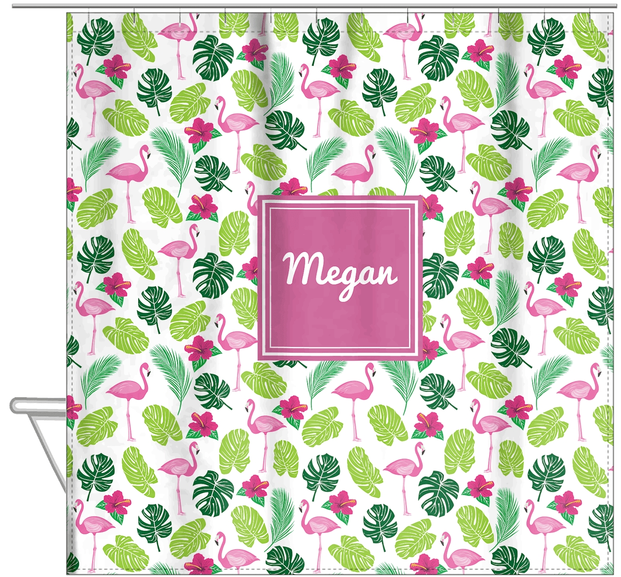 Personalized Flamingos Shower Curtain I - Hibiscus - Square Nameplate - Hanging View