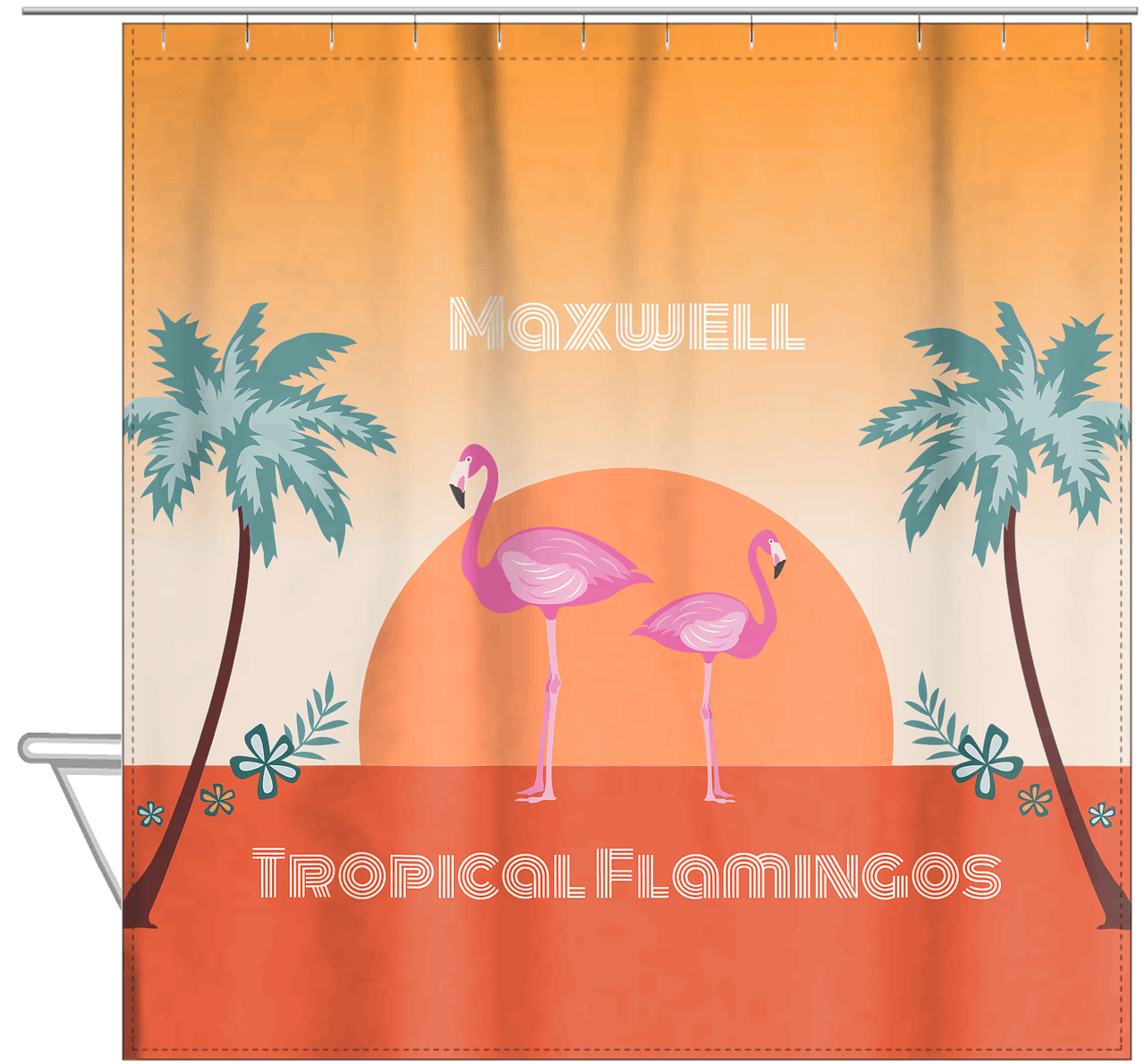 Personalized Flamingos Shower Curtain II - Tropical - Orange Background - Hanging View