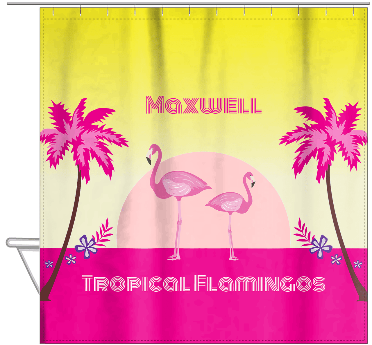 Personalized Flamingos Shower Curtain II - Tropical - Yellow Background - Hanging View