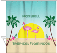 Thumbnail for Personalized Flamingos Shower Curtain II - Tropical - Teal Background - Hanging View