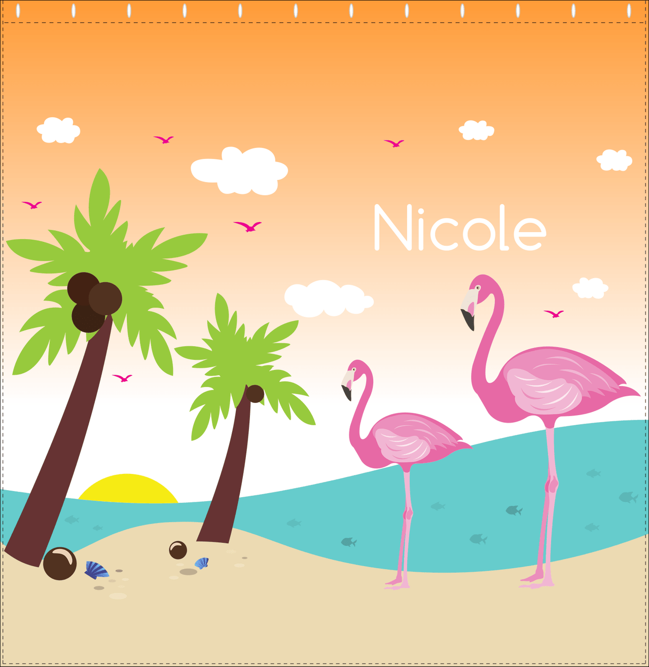 Personalized Flamingos Shower Curtain IV - Coconut Beach - Orange Background - Decorate View