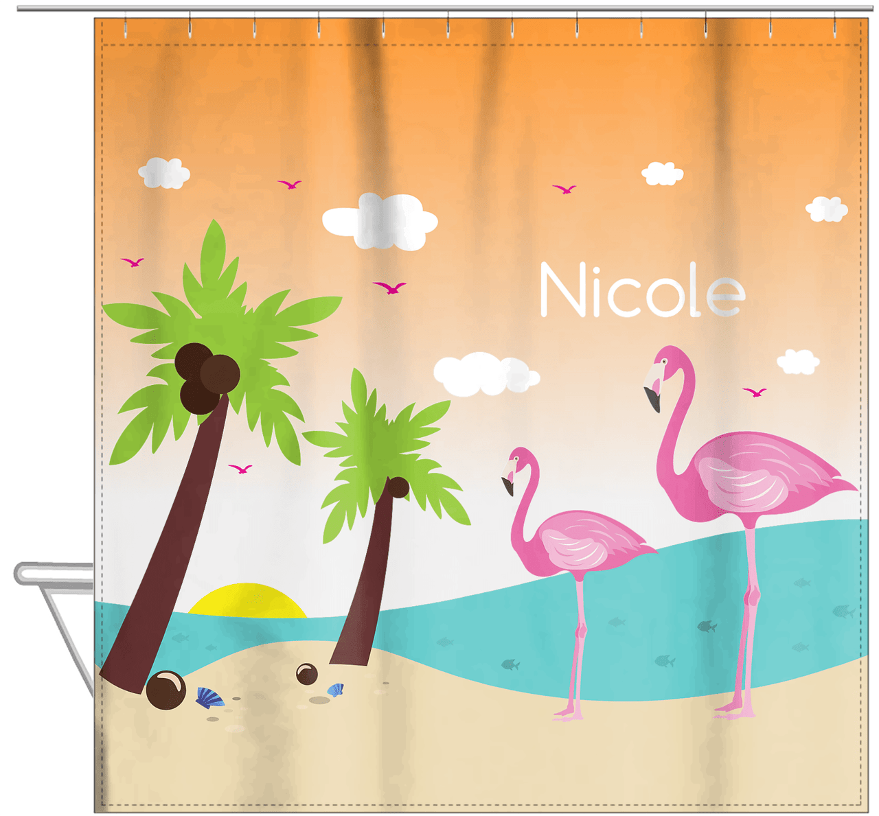 Personalized Flamingos Shower Curtain IV - Coconut Beach - Orange Background - Hanging View