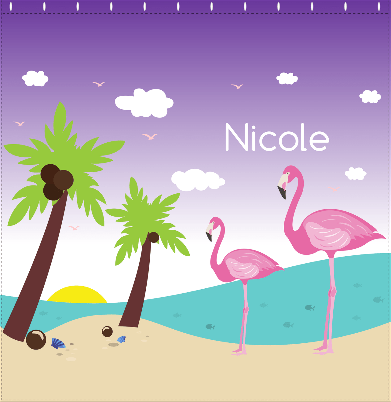 Personalized Flamingos Shower Curtain IV - Coconut Beach - Purple Background - Decorate View
