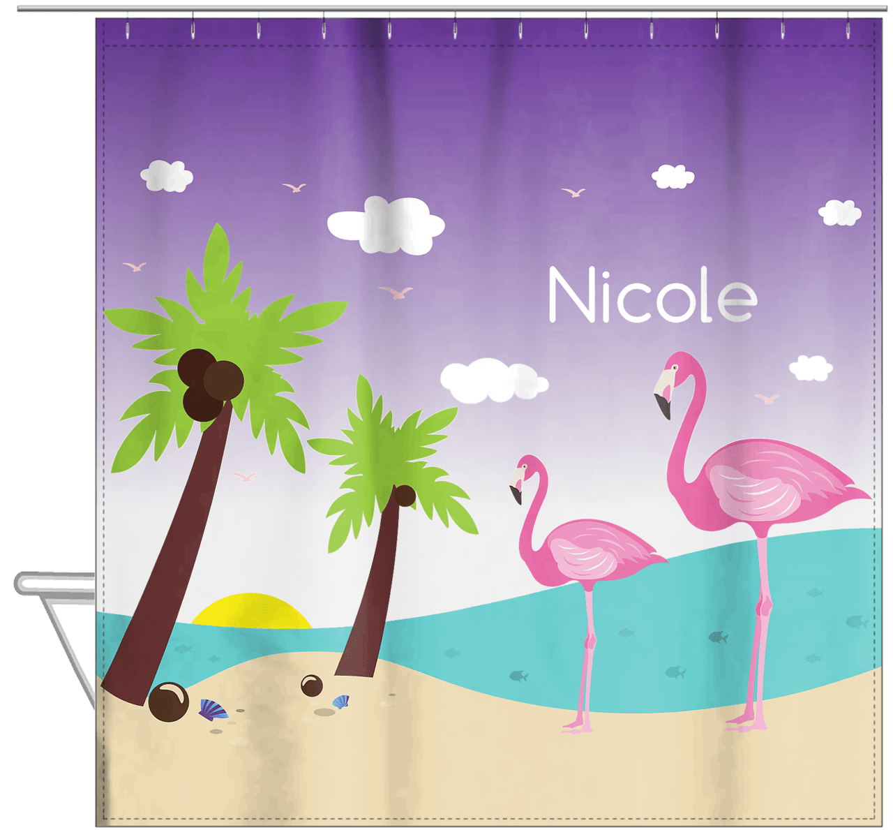 Personalized Flamingos Shower Curtain IV - Coconut Beach - Purple Background - Hanging View