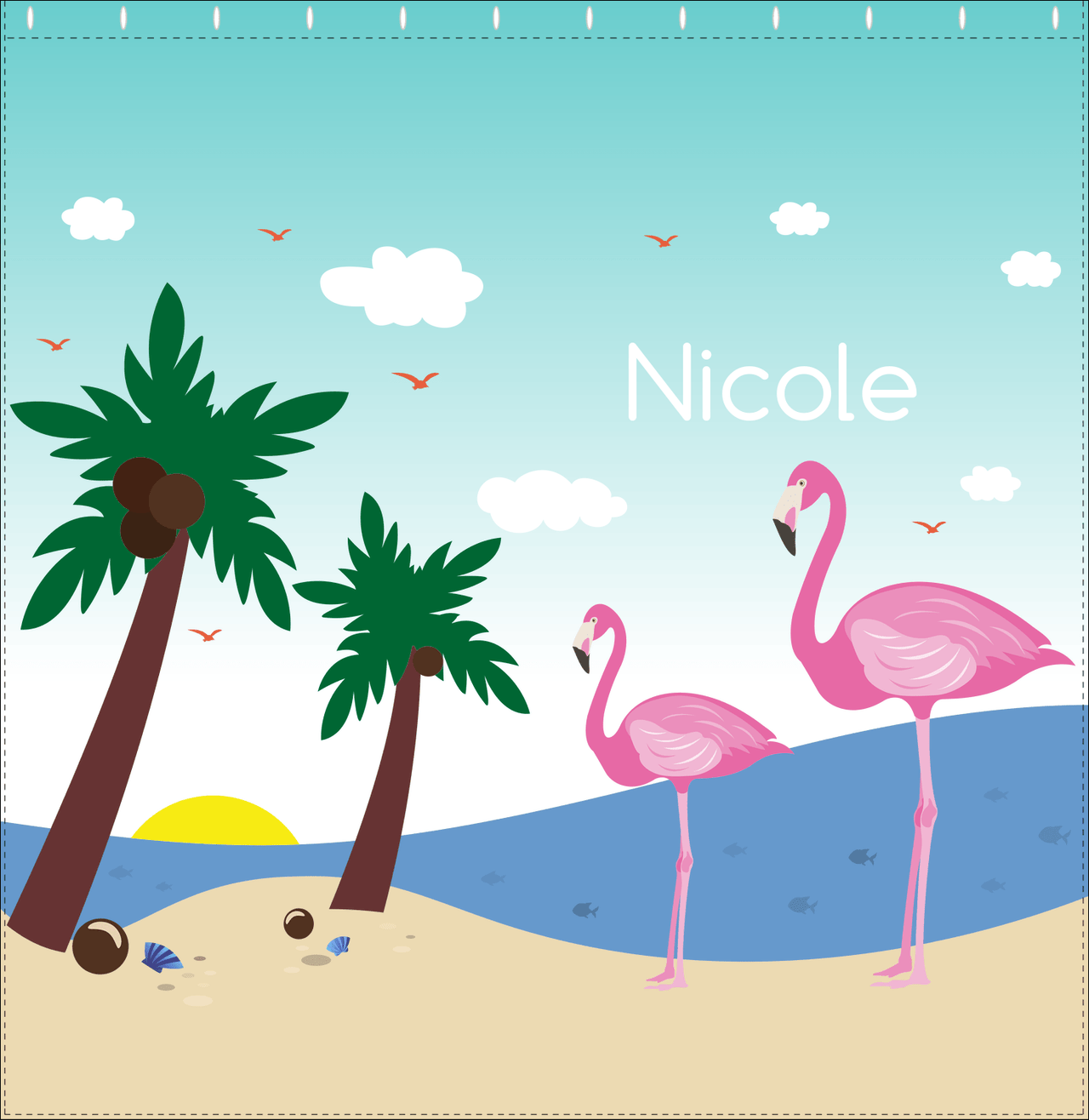 Personalized Flamingos Shower Curtain IV - Coconut Beach - Teal Background - Decorate View