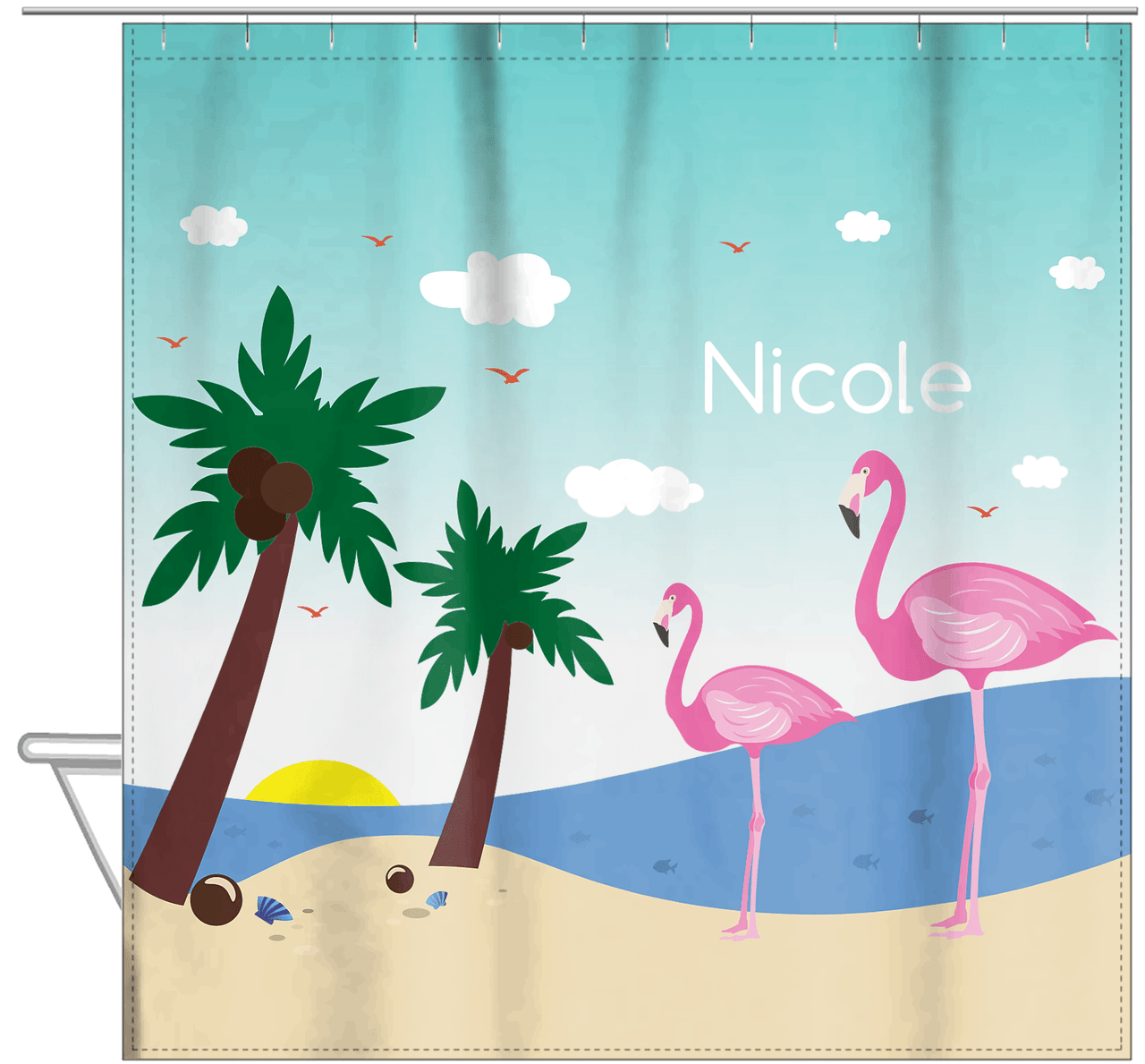 Personalized Flamingos Shower Curtain IV - Coconut Beach - Teal Background - Hanging View