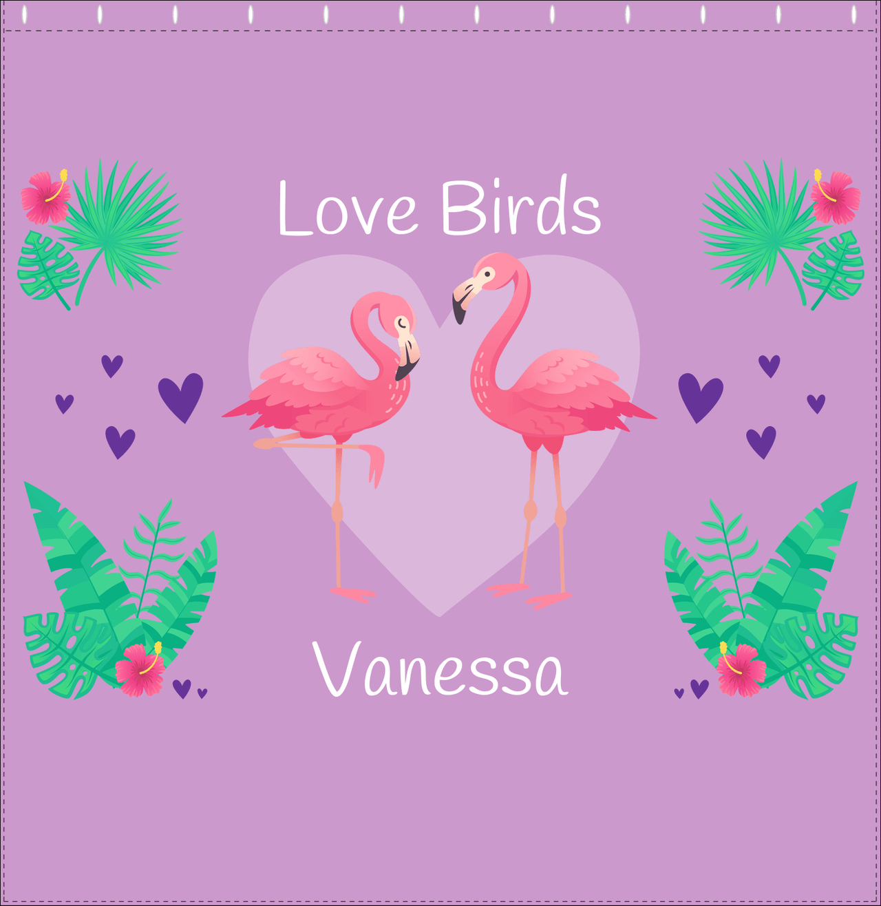 Personalized Flamingos Shower Curtain V - Love Birds - Purple Background - Decorate View