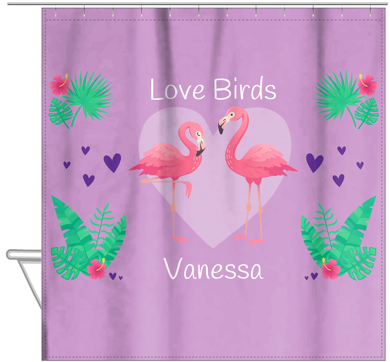 Personalized Flamingos Shower Curtain V - Love Birds - Purple Background - Hanging View
