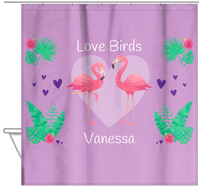 Thumbnail for Personalized Flamingos Shower Curtain V - Love Birds - Purple Background - Hanging View