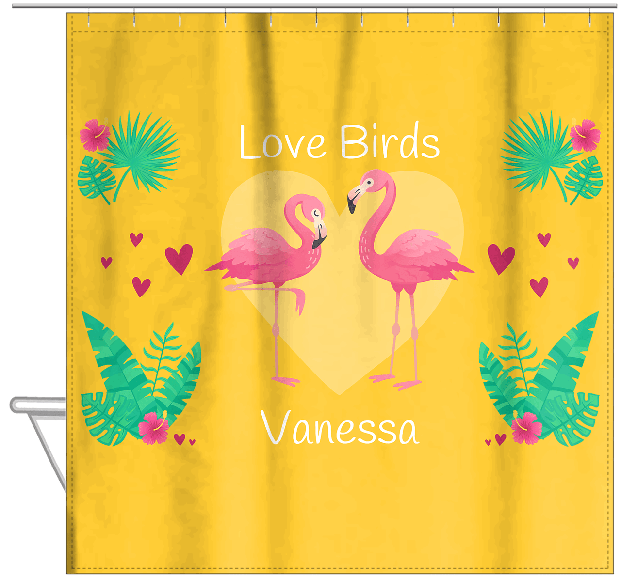 Personalized Flamingos Shower Curtain V - Love Birds - Yellow Background - Hanging View