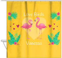 Thumbnail for Personalized Flamingos Shower Curtain V - Love Birds - Yellow Background - Hanging View