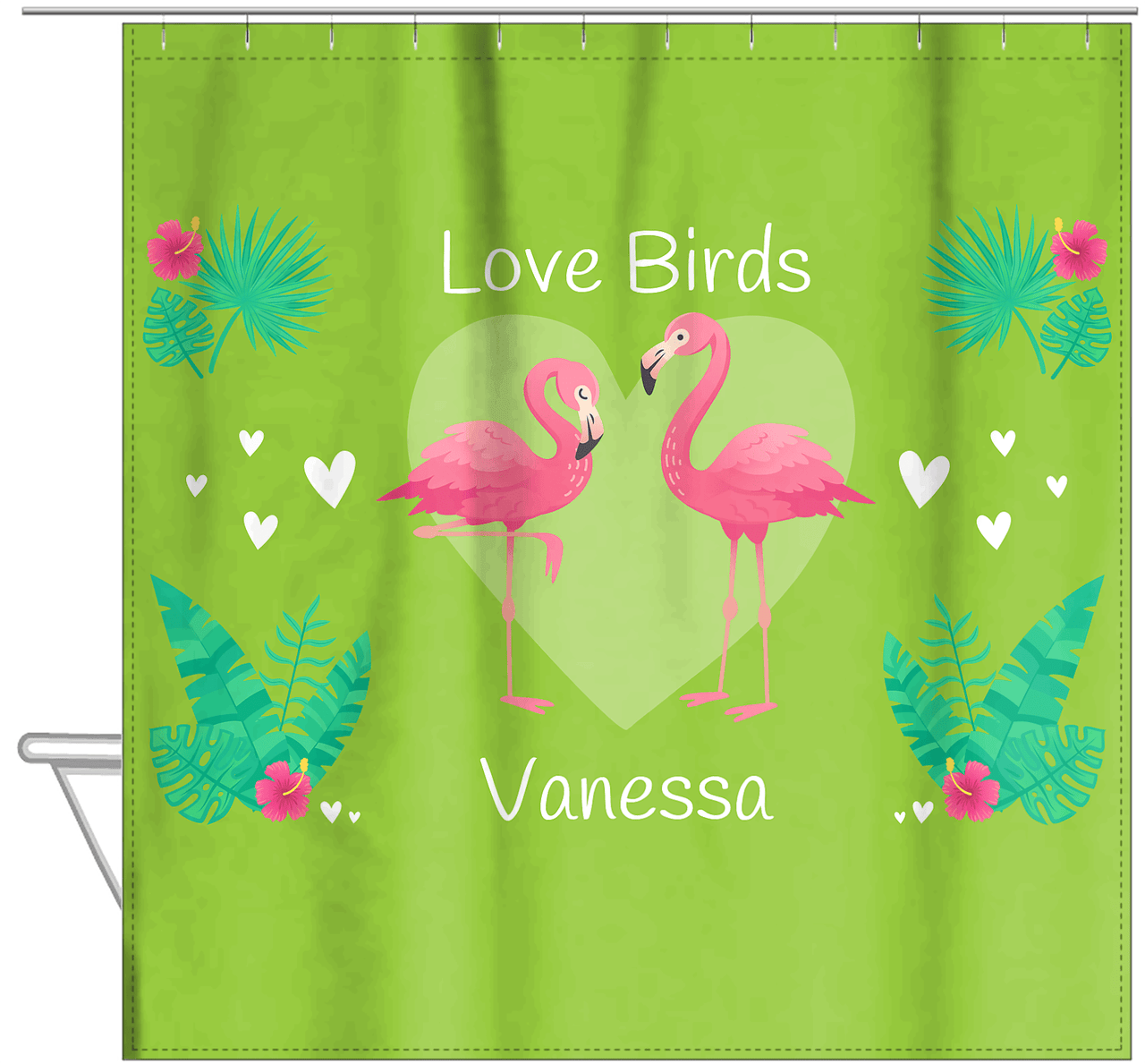 Personalized Flamingos Shower Curtain V - Love Birds - Green Background - Hanging View