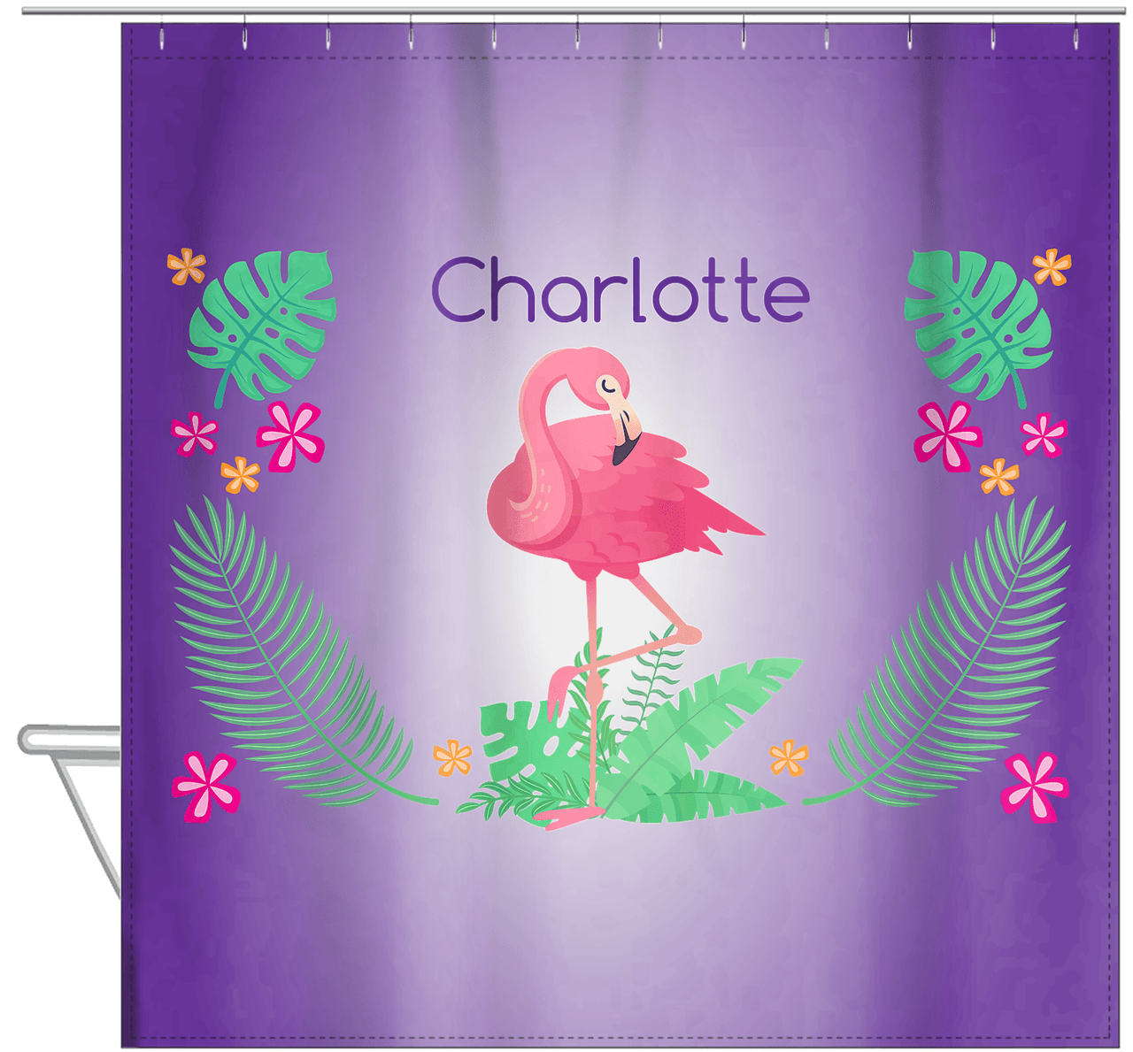 Personalized Flamingos Shower Curtain VI - Purple Vignette - Hanging View