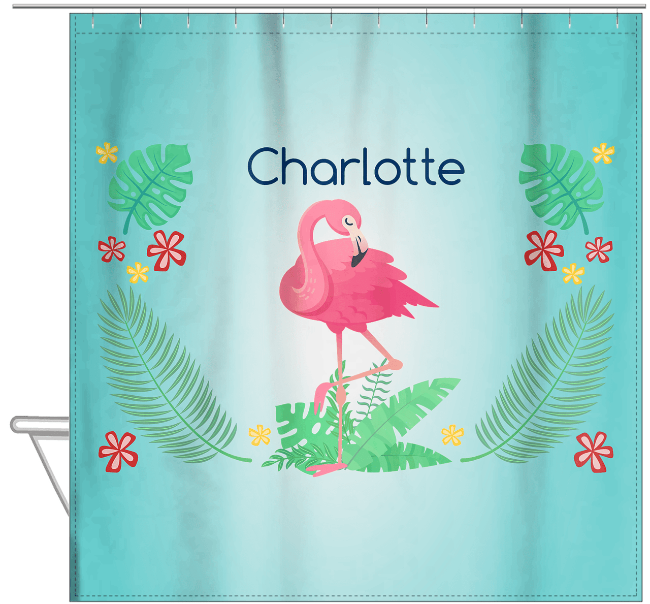 Personalized Flamingos Shower Curtain VI - Teal Vignette - Hanging View