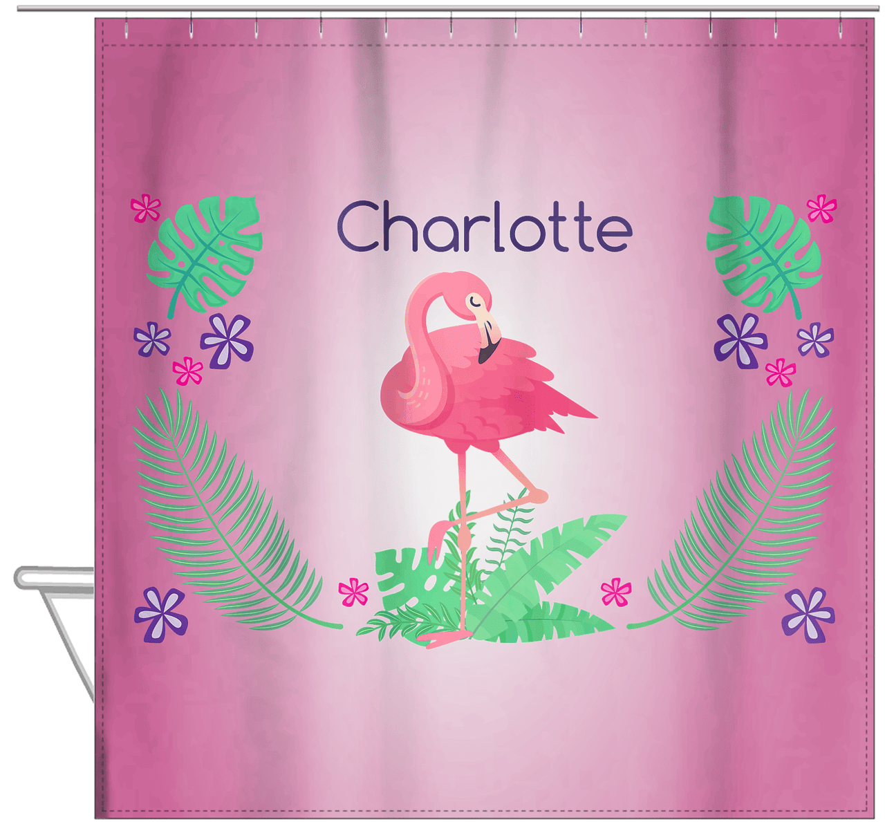 Personalized Flamingos Shower Curtain VI - Pink Vignette - Hanging View