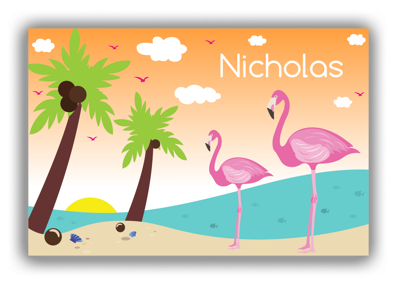 Personalized Flamingos Canvas Wrap & Photo Print IV - Coconut Beach - Orange Background - Front View