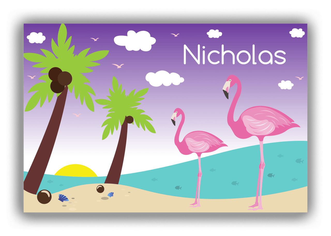 Personalized Flamingos Canvas Wrap & Photo Print IV - Coconut Beach - Purple Background - Front View