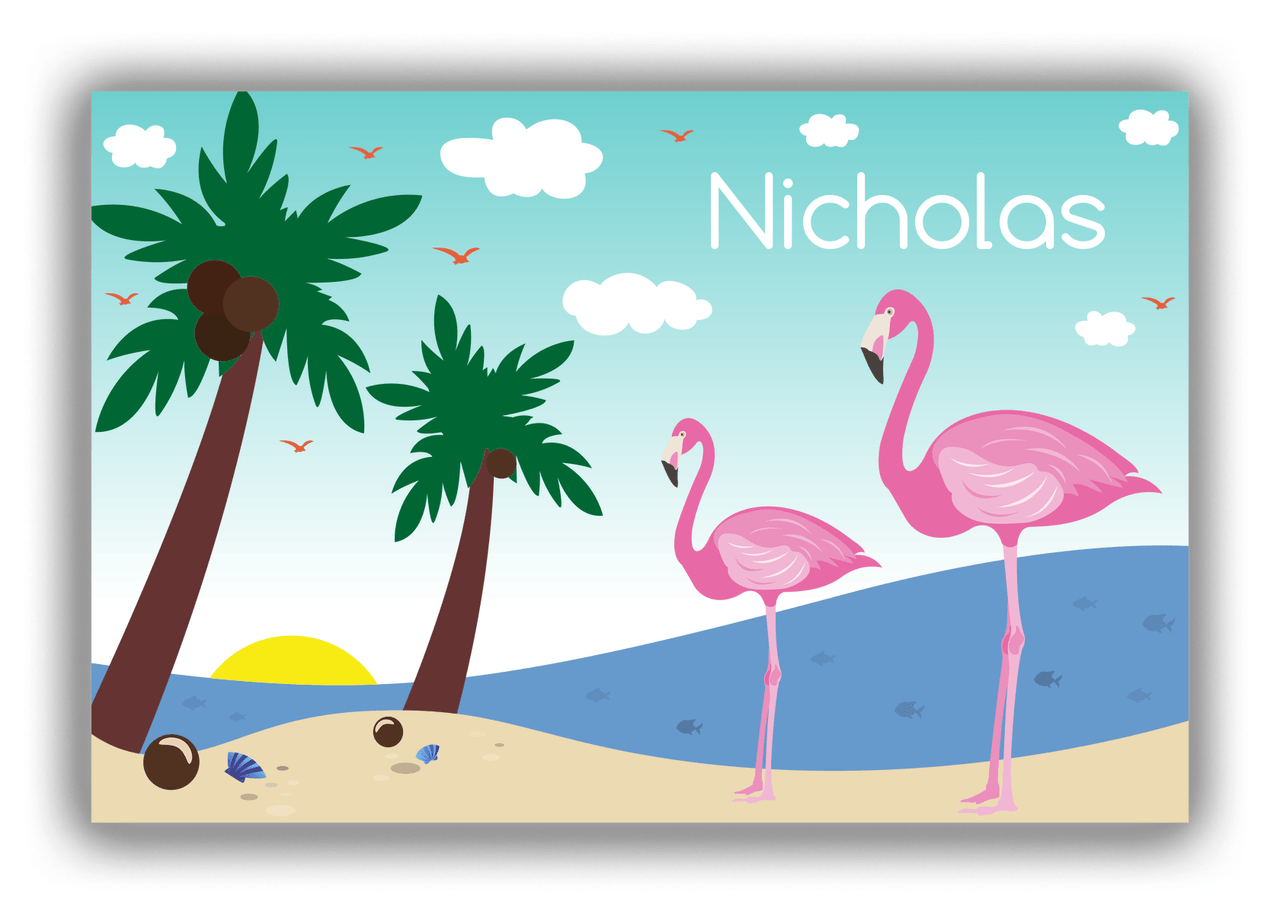 Personalized Flamingos Canvas Wrap & Photo Print IV - Coconut Beach - Teal Background - Front View