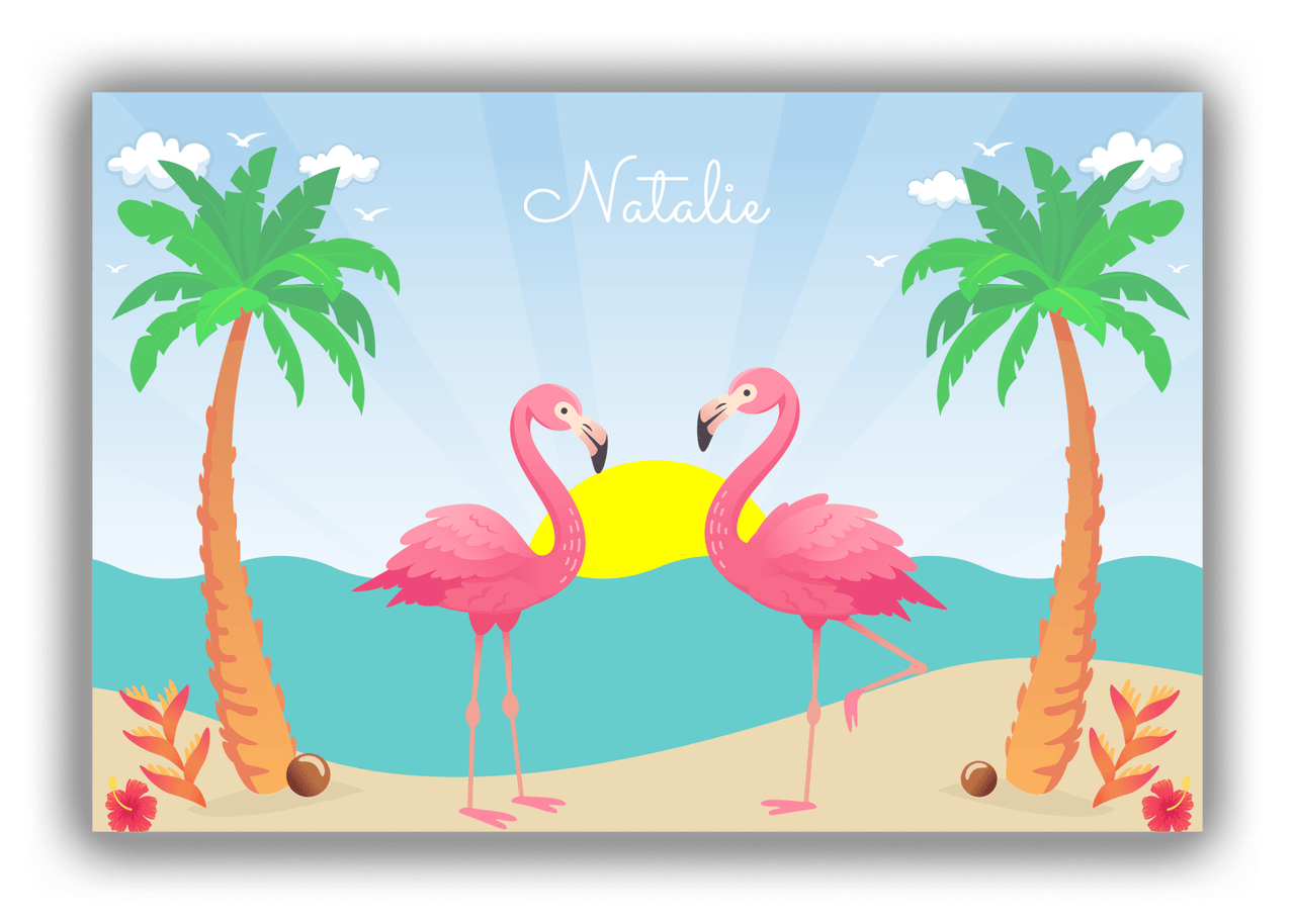 Personalized Flamingos Canvas Wrap & Photo Print VII - Beach Birds - Blue Background - Front View