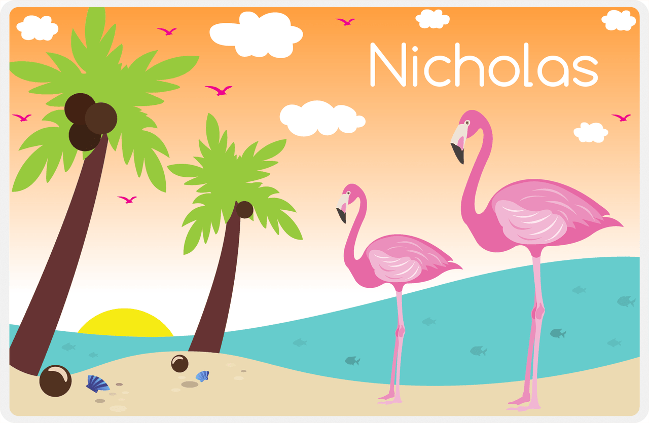 Personalized Flamingos Placemat IV - Coconut Beach - Orange Background -  View
