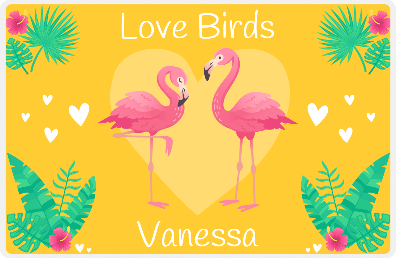 Personalized Flamingos Placemat V - Love Birds - Yellow Background -  View