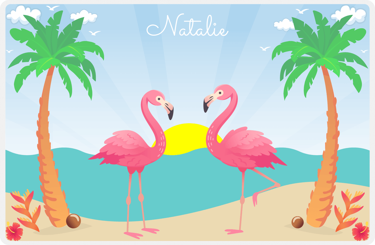 Personalized Flamingos Placemat VII - Beach Birds - Blue Background -  View