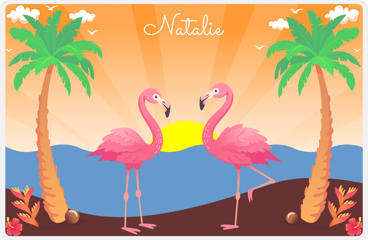 Personalized Flamingos Placemat VII - Beach Birds - Orange Background -  View