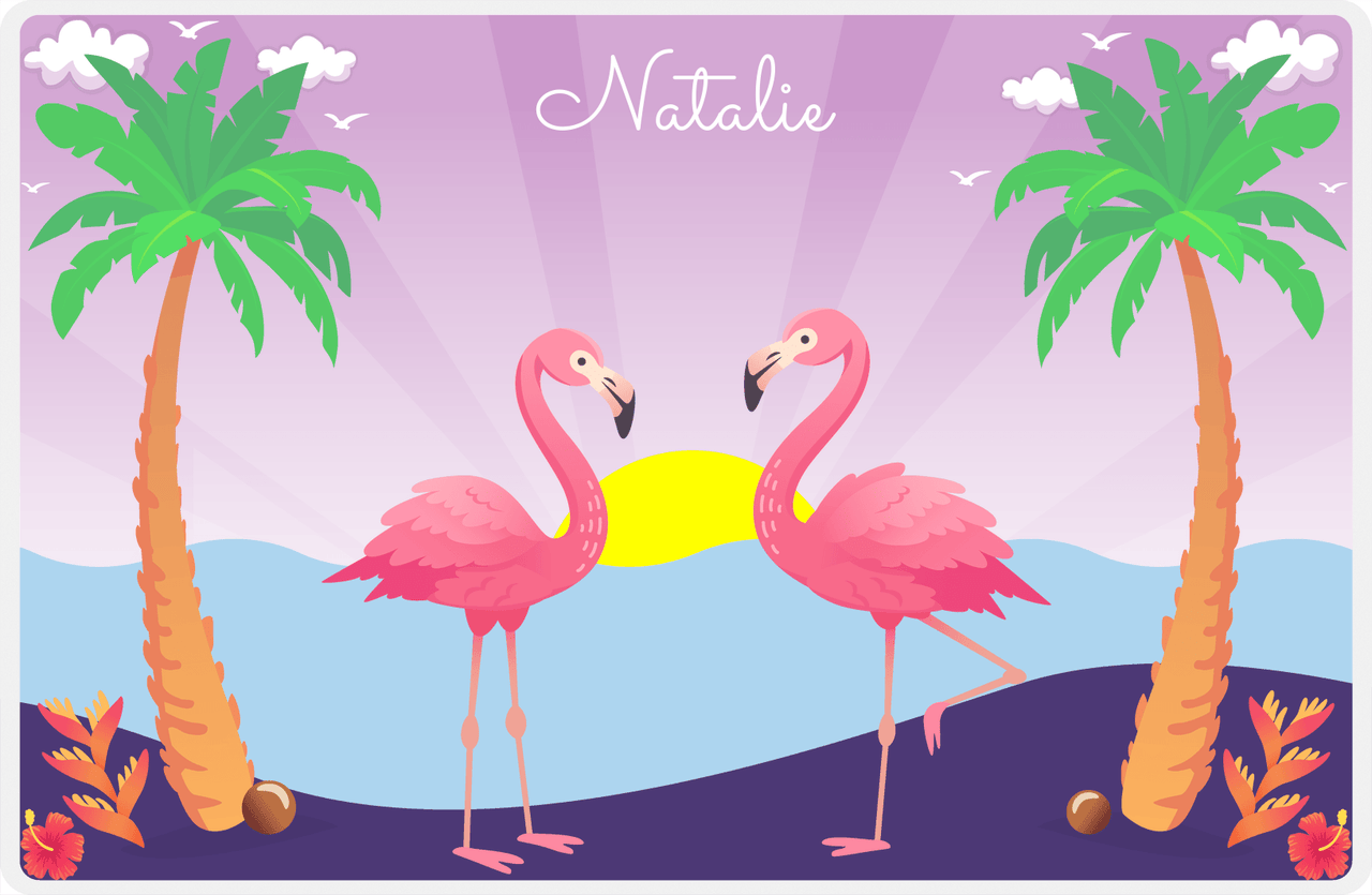 Personalized Flamingos Placemat VII - Beach Birds - Purple Background -  View