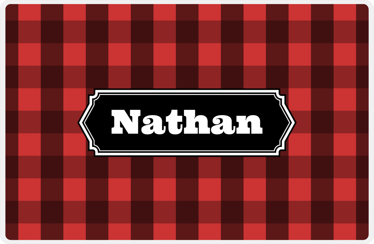 Personalized Flannel / Plaid Placemat I - Red Background - Decorative Rectangle Nameplate -  View