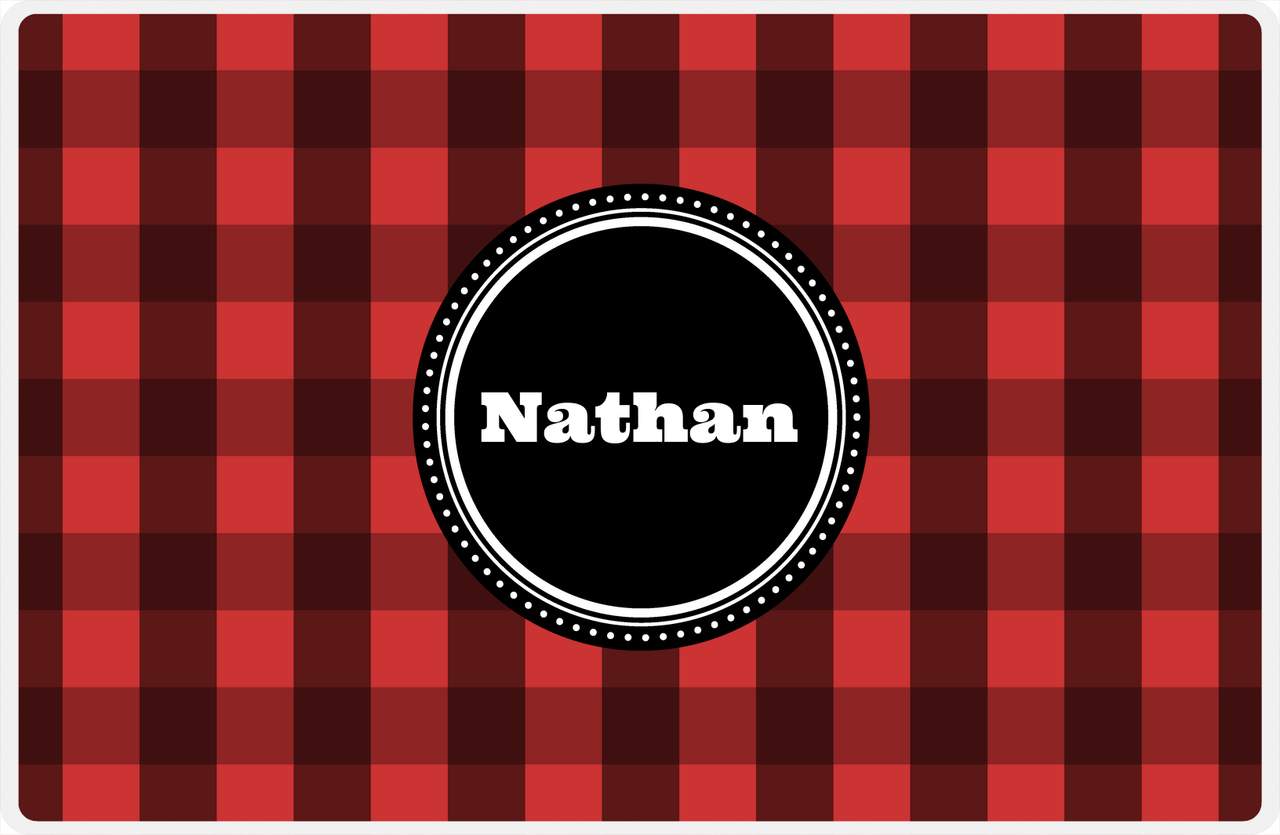 Personalized Flannel / Plaid Placemat I - Red Background - Circle Nameplate -  View