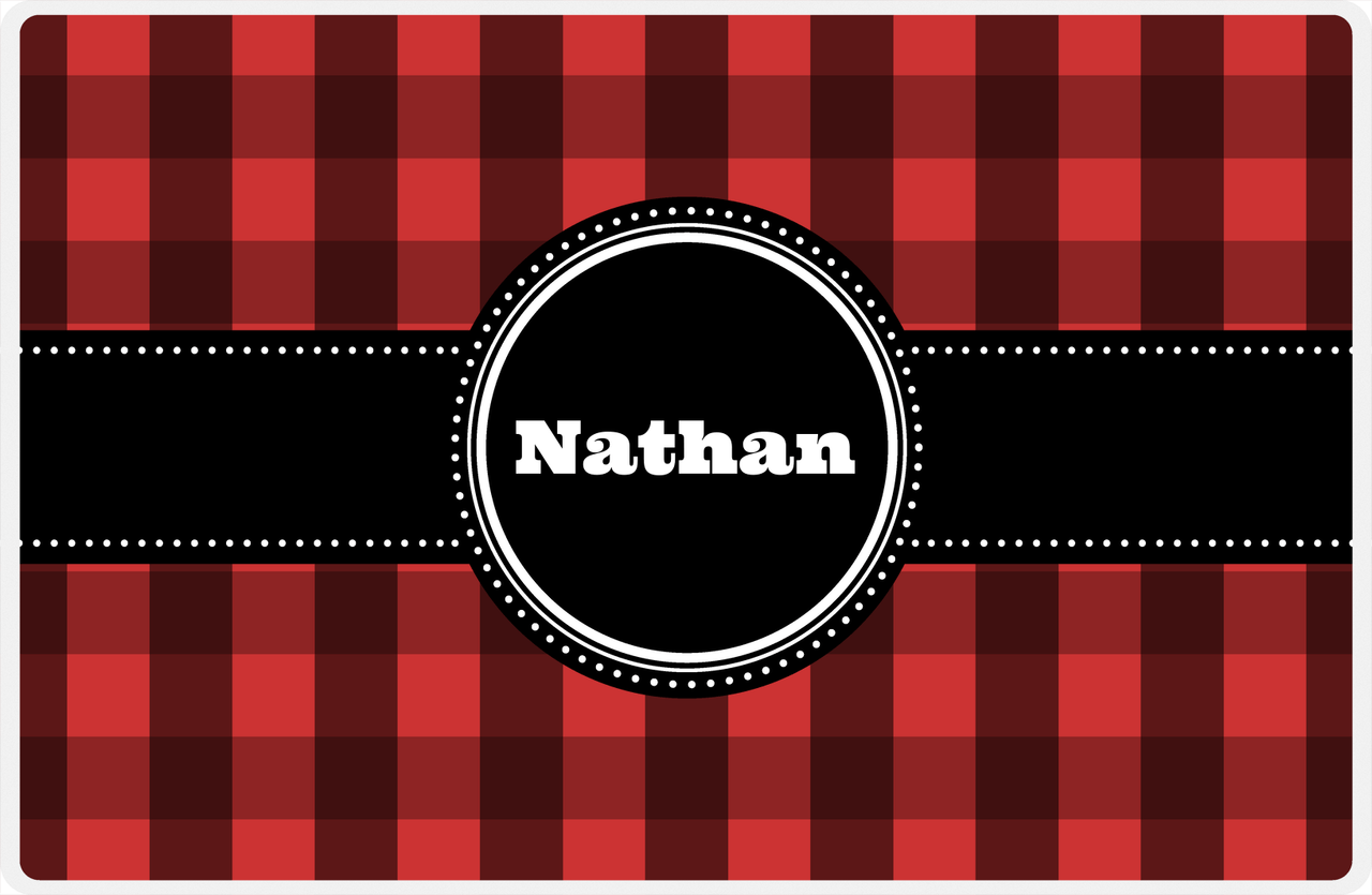 Personalized Flannel / Plaid Placemat I - Red Background - Circle Ribbon Nameplate -  View