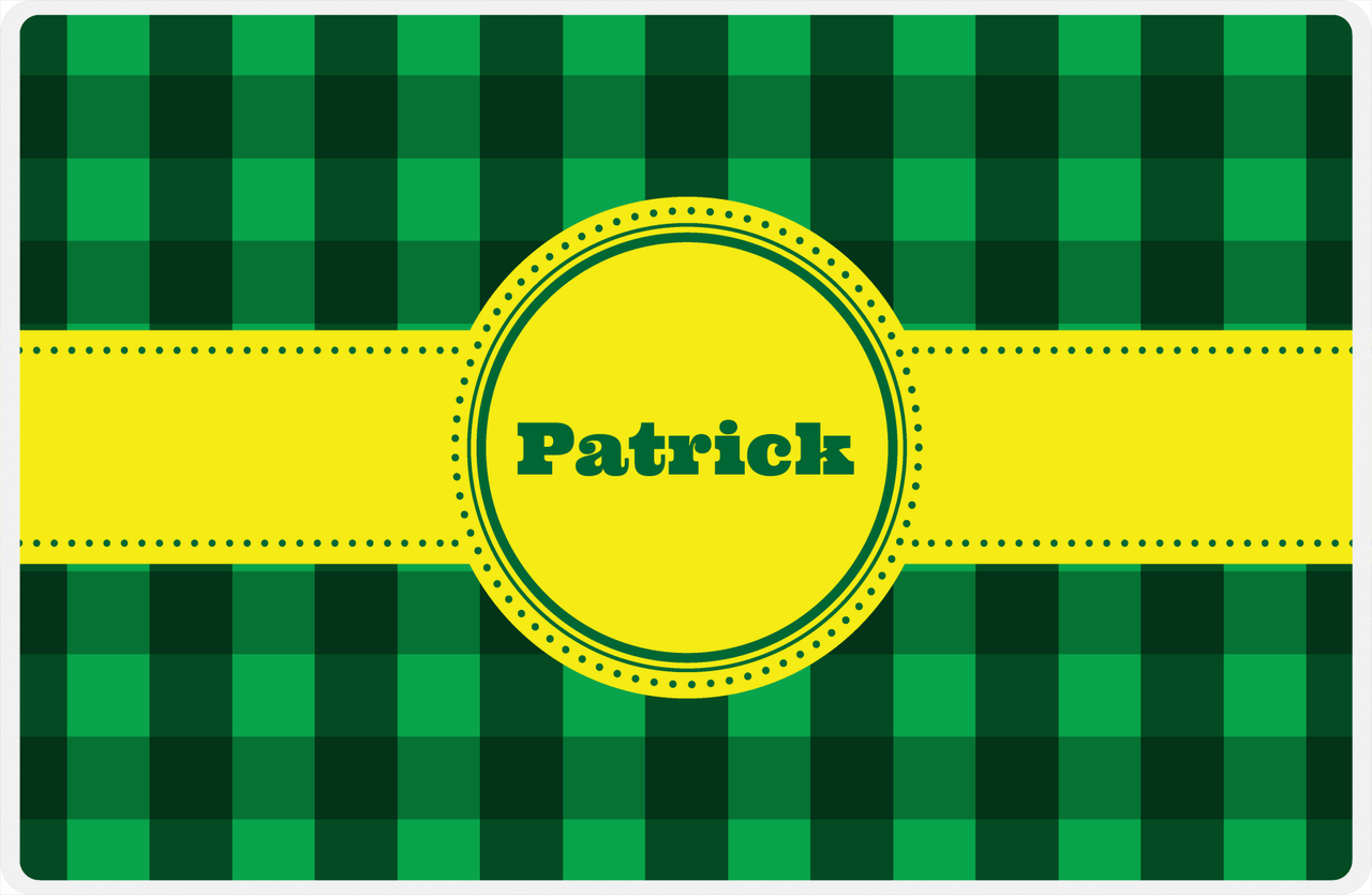 Personalized Flannel / Plaid Placemat I - Green Background - Circle Ribbon Nameplate -  View