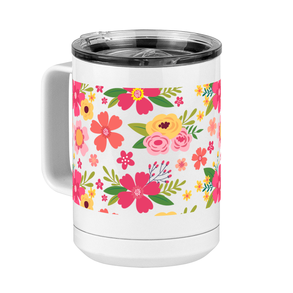 Floral Coffee Mug Tumbler with Handle (15 oz) - Front Left View