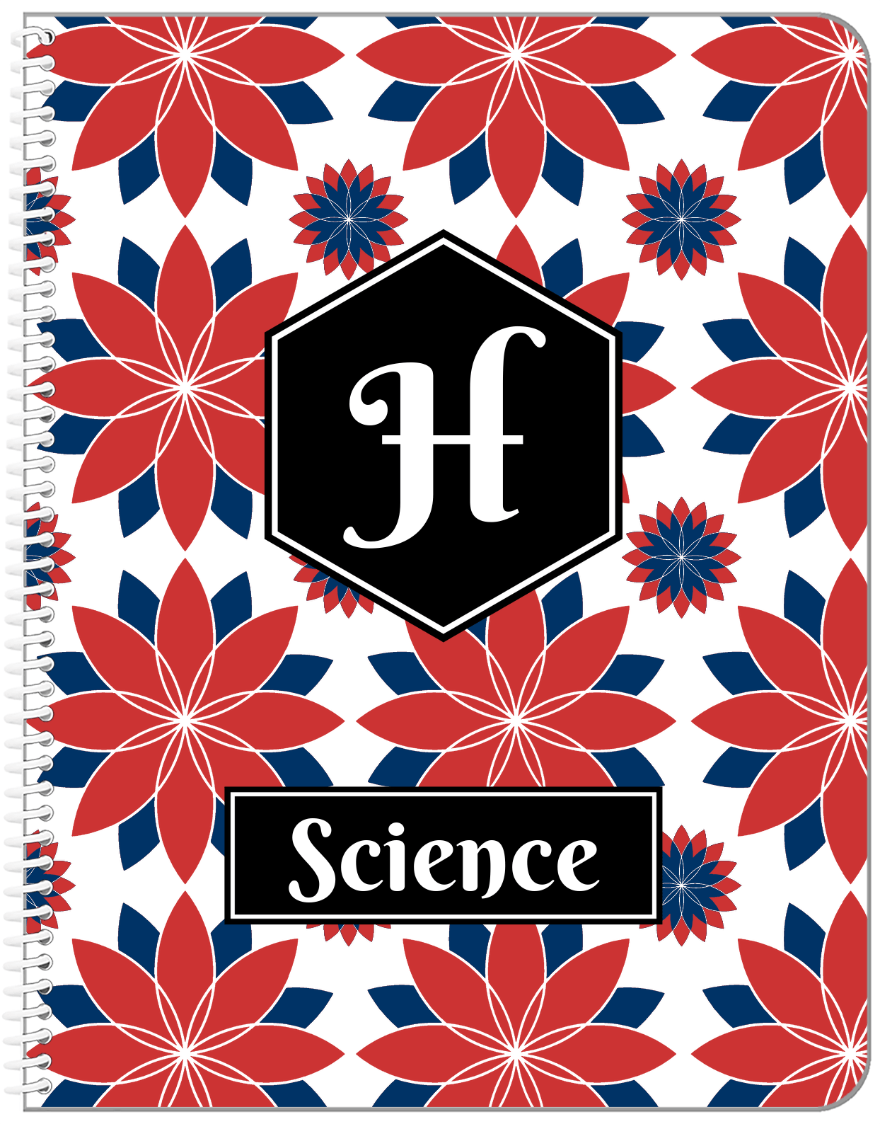 Personalized Flower Burst Notebook - Red and Blue - Hexagon Nameplate - Front View