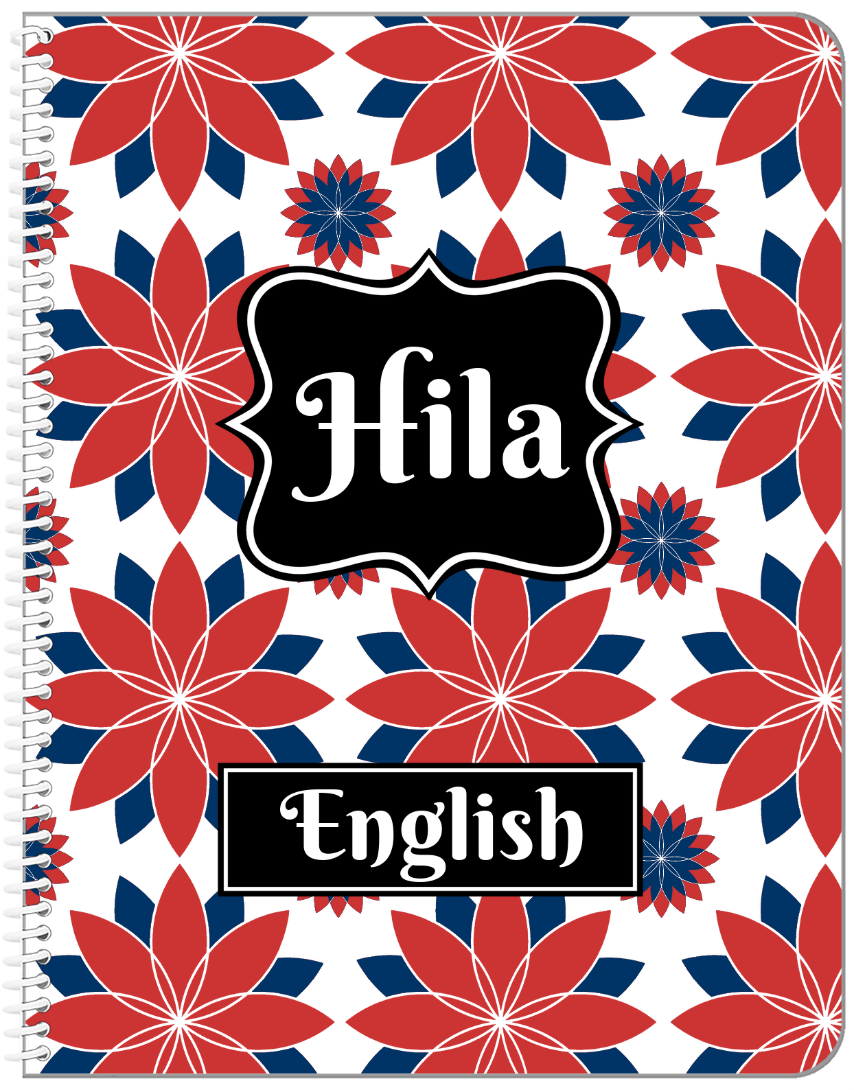 Personalized Flower Burst Notebook - Red and Blue - Fancy Nameplate - Front View