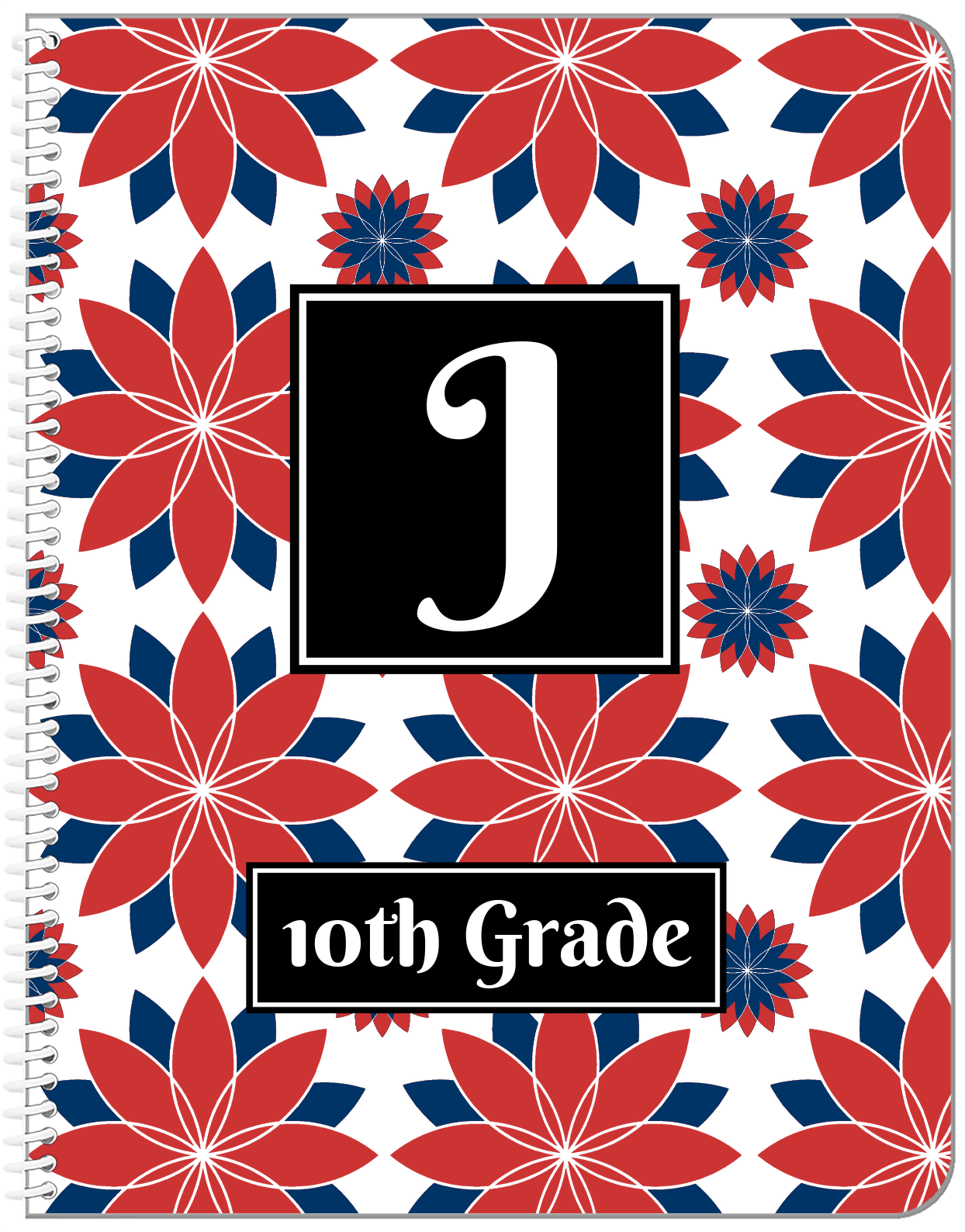 Personalized Flower Burst Notebook - Red and Blue - Square Nameplate - Front View