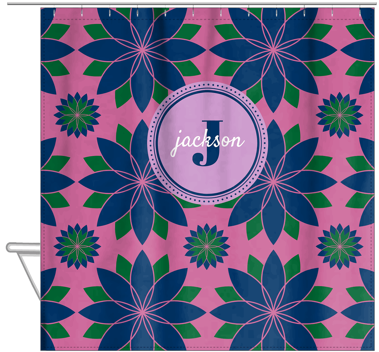 Personalized Flower Burst Shower Curtain - Pink and Navy - Circle Nameplate - Hanging View