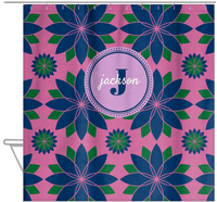 Thumbnail for Personalized Flower Burst Shower Curtain - Pink and Navy - Circle Nameplate - Hanging View