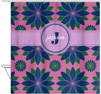 Thumbnail for Personalized Flower Burst Shower Curtain - Pink and Navy - Circle Ribbon Nameplate - Hanging View
