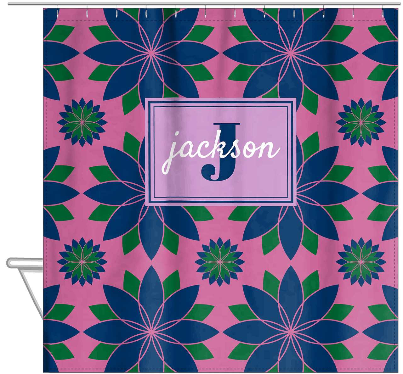 Personalized Flower Burst Shower Curtain - Pink and Navy - Rectangle Nameplate - Hanging View