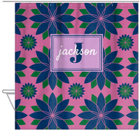 Thumbnail for Personalized Flower Burst Shower Curtain - Pink and Navy - Rectangle Nameplate - Hanging View