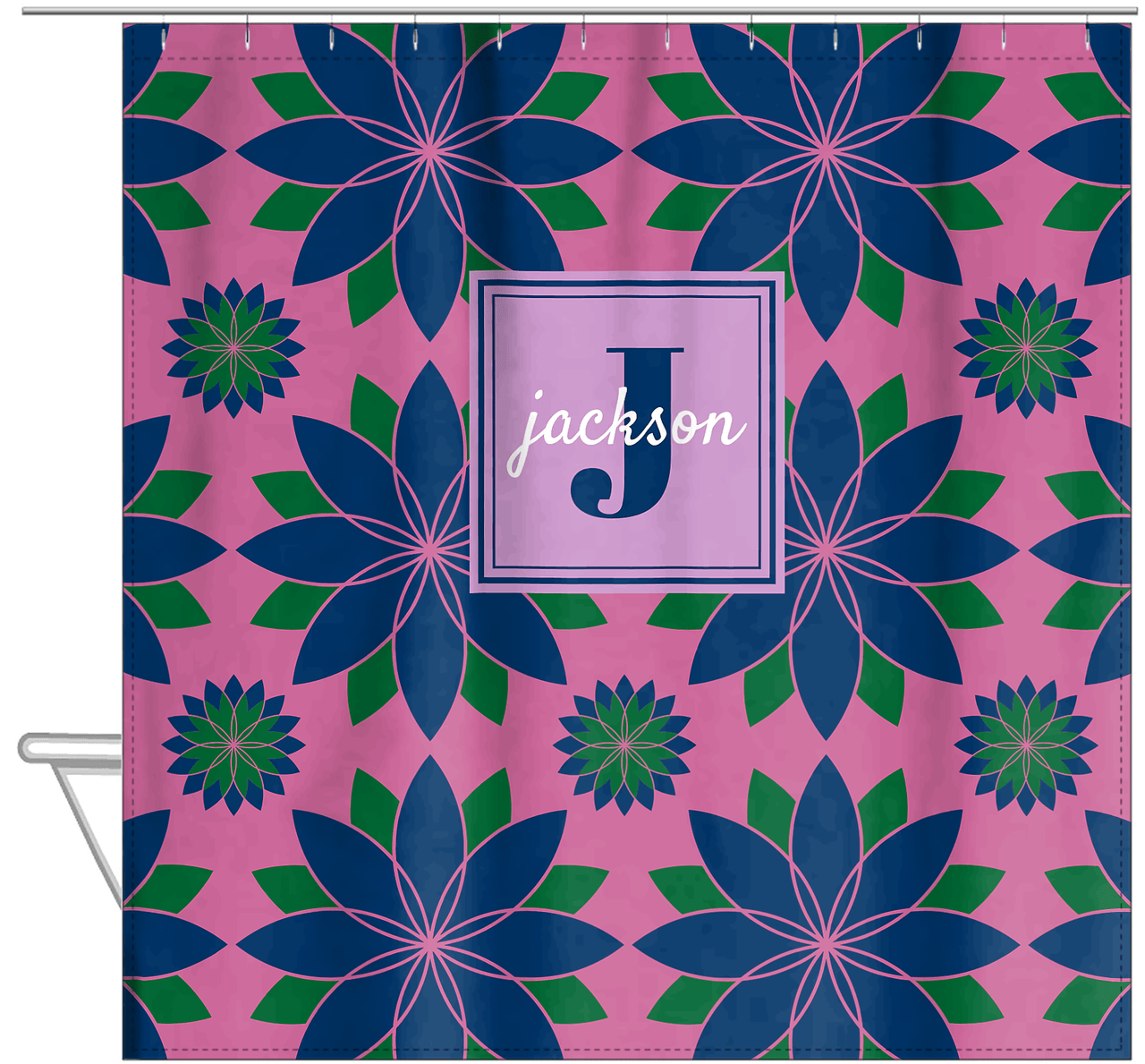 Personalized Flower Burst Shower Curtain - Pink and Navy - Square Nameplate - Hanging View