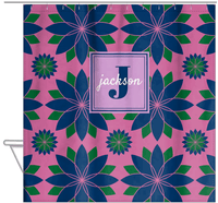 Thumbnail for Personalized Flower Burst Shower Curtain - Pink and Navy - Square Nameplate - Hanging View