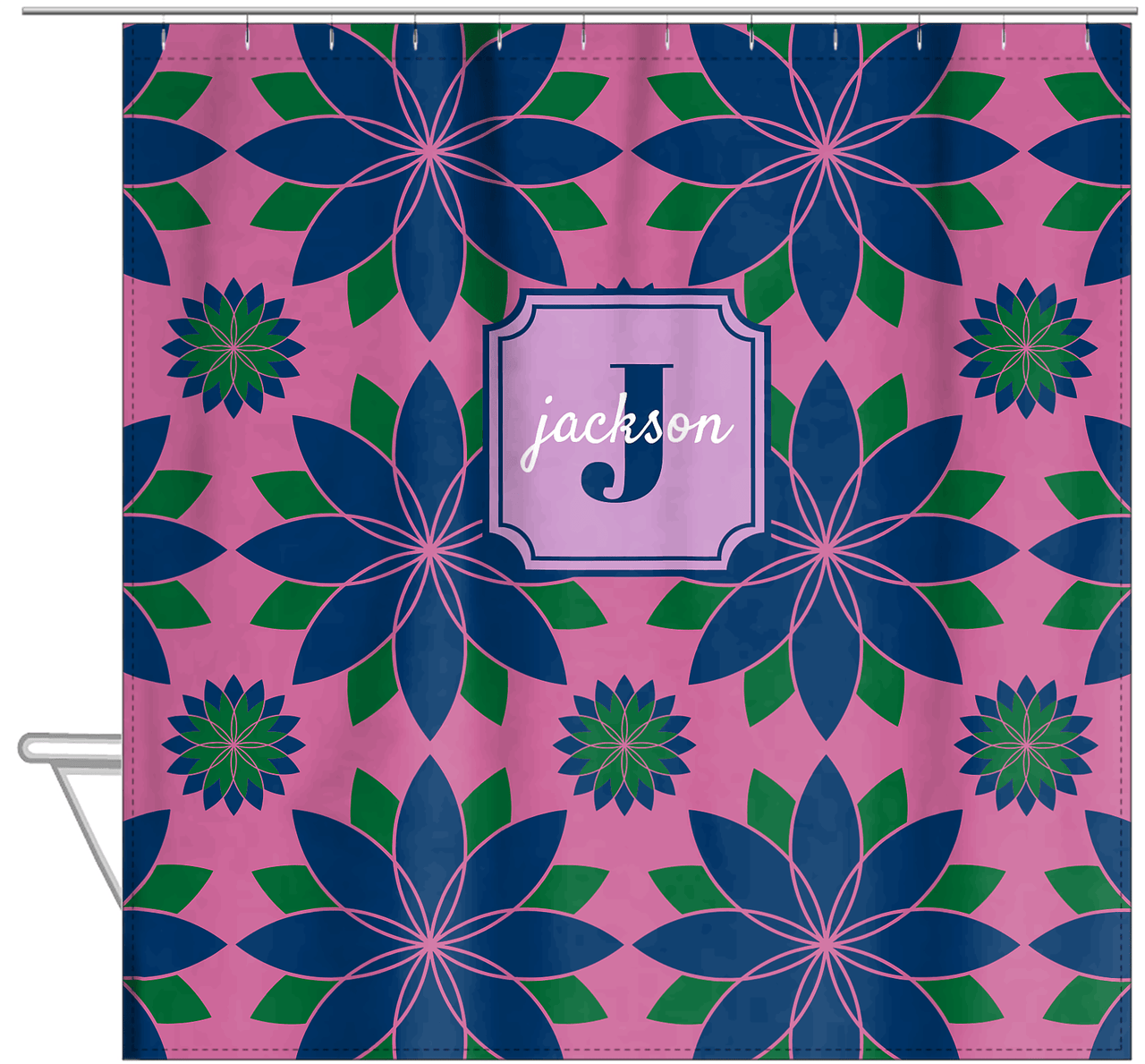 Personalized Flower Burst Shower Curtain - Pink and Navy - Stamp Nameplate - Hanging View