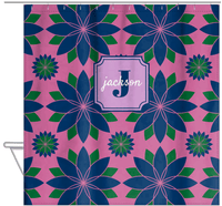 Thumbnail for Personalized Flower Burst Shower Curtain - Pink and Navy - Stamp Nameplate - Hanging View