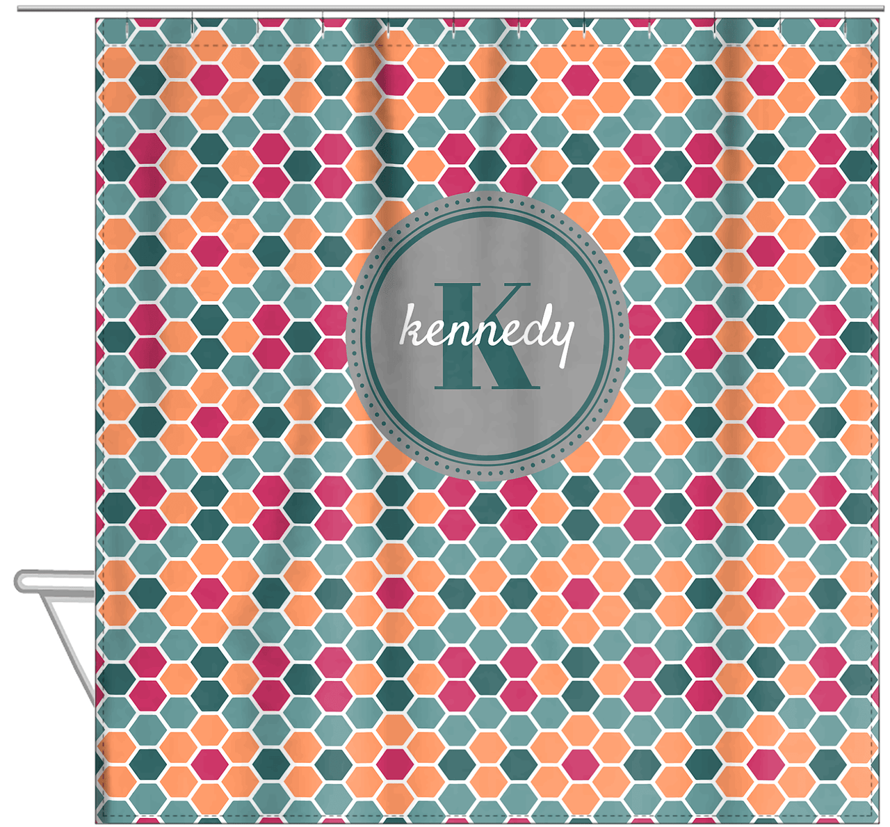 Personalized Flower Comb Shower Curtain - Green and Orange - Circle Nameplate - Hanging View