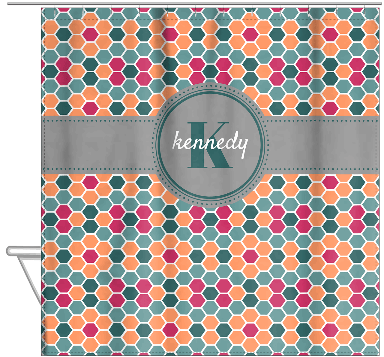 Personalized Flower Comb Shower Curtain - Green and Orange - Circle Ribbon Nameplate - Hanging View