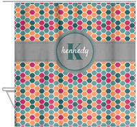 Thumbnail for Personalized Flower Comb Shower Curtain - Green and Orange - Circle Ribbon Nameplate - Hanging View