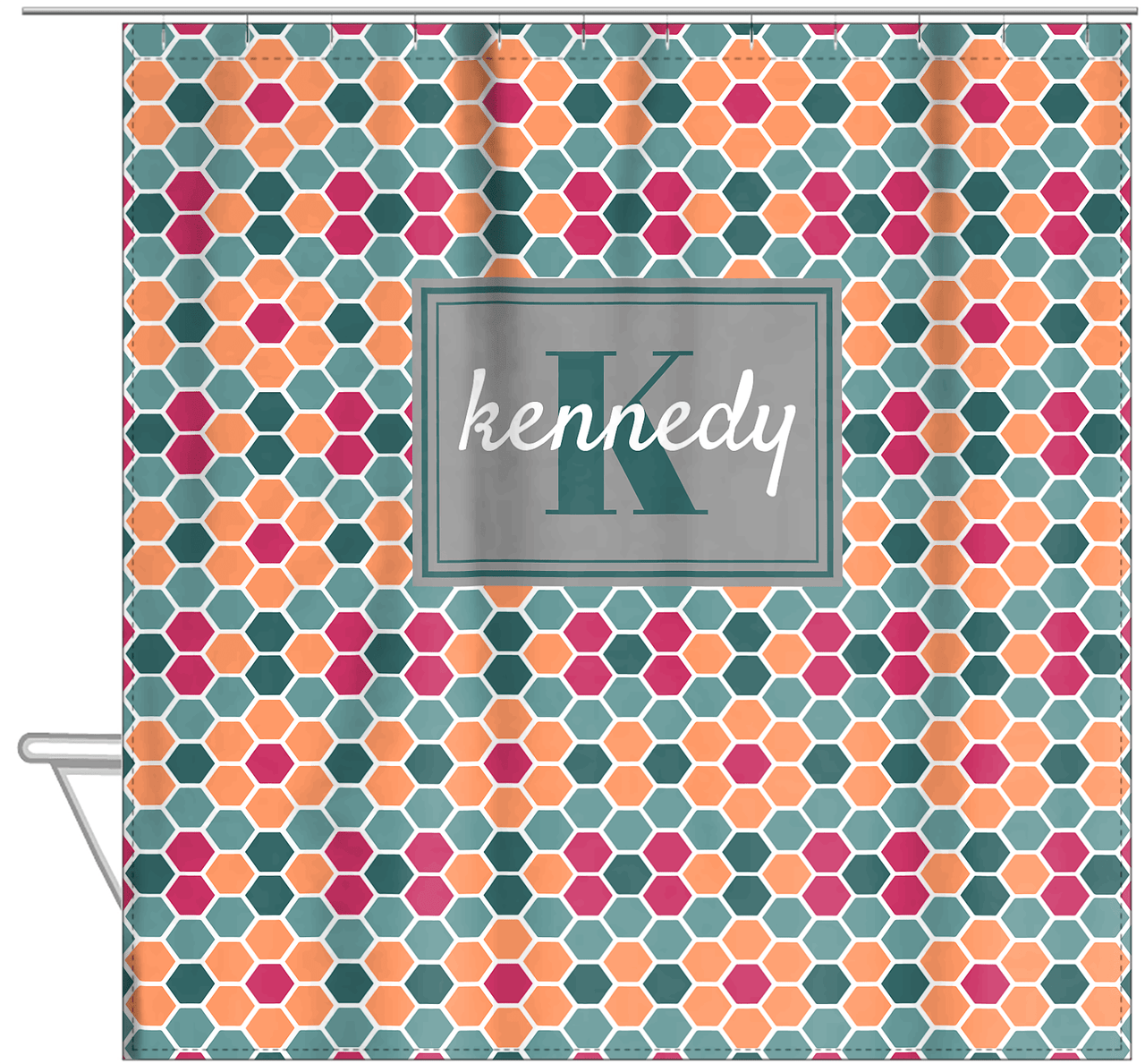 Personalized Flower Comb Shower Curtain - Green and Orange - Rectangle Nameplate - Hanging View
